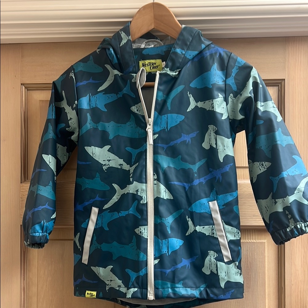 Western chief kids rain jacket kids with hood size 6 adorable print of sharks!